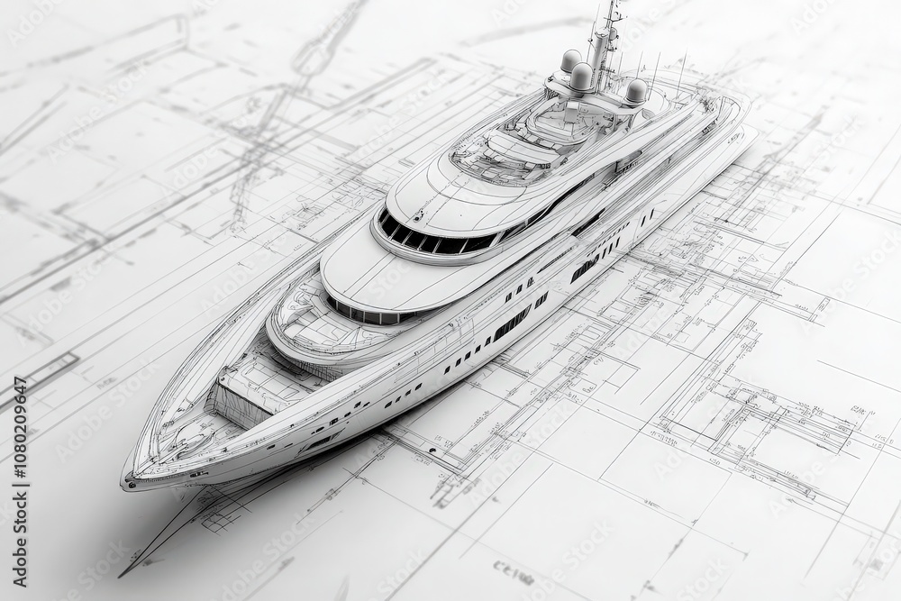 A detailed technical sketch illustrates an elegant luxury yacht, showcasing its sleek lines and innovative features.