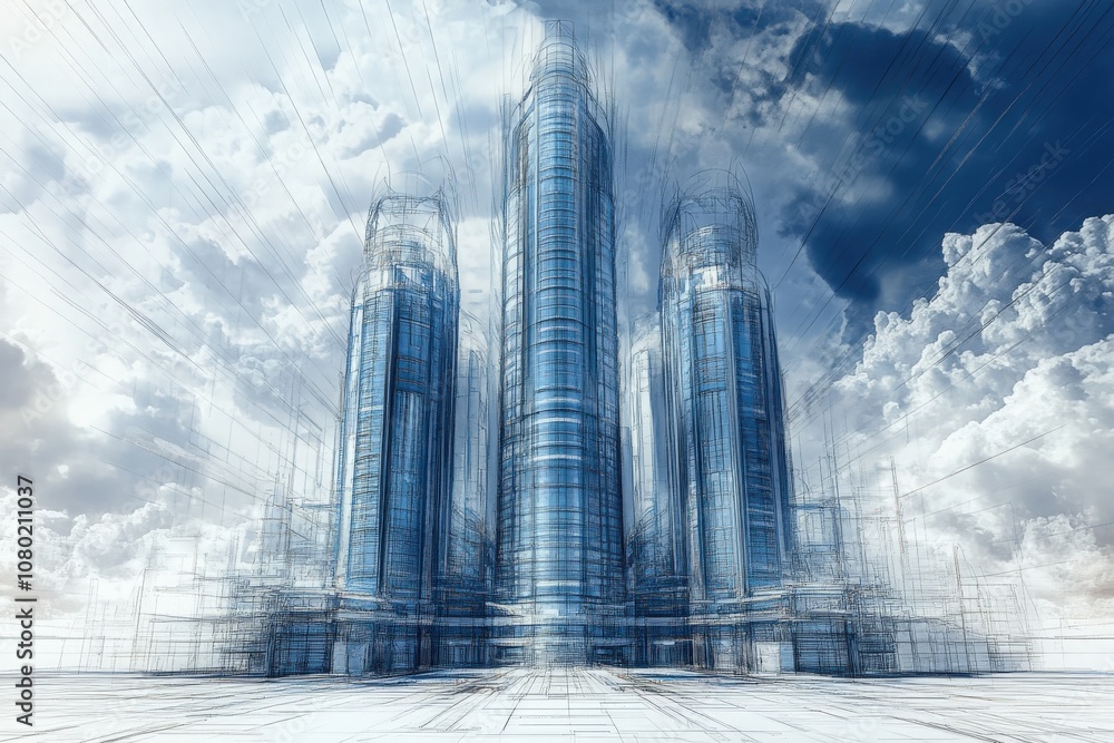 A detailed sketch reveals innovative skyscrapers reaching toward the clouds, showcasing advanced architectural design.