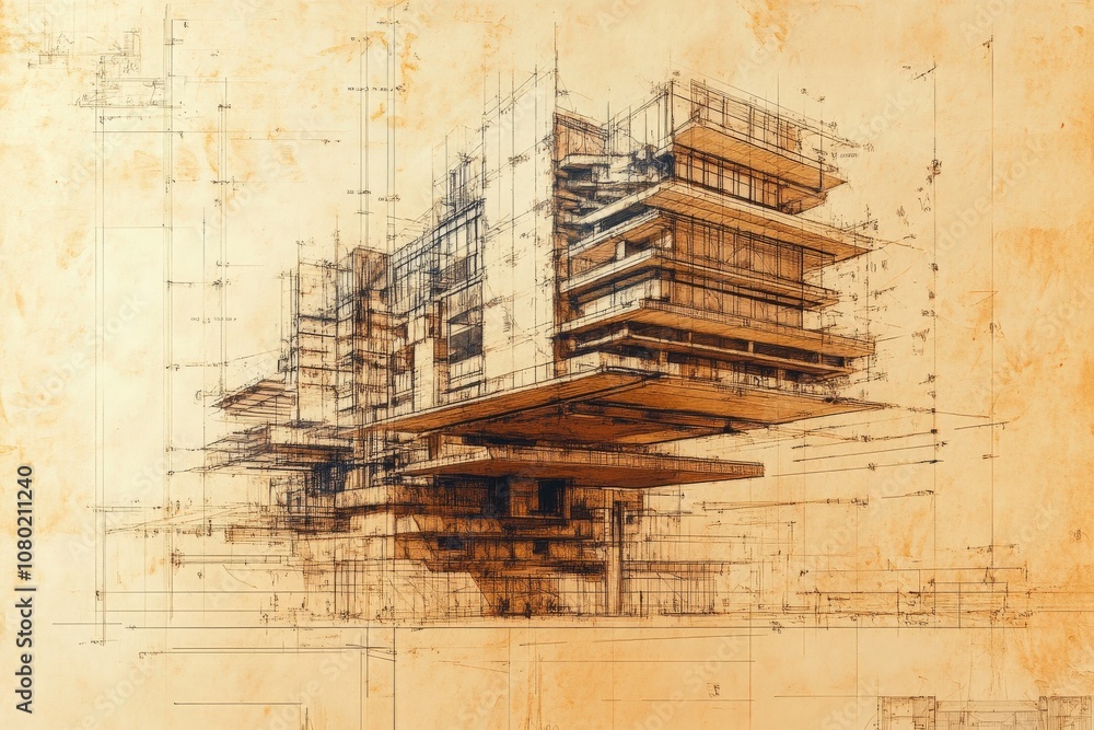 A detailed technical sketch illustrating a modern high-rise building, emphasizing geometric shapes, layered structures, and architectural specifications.