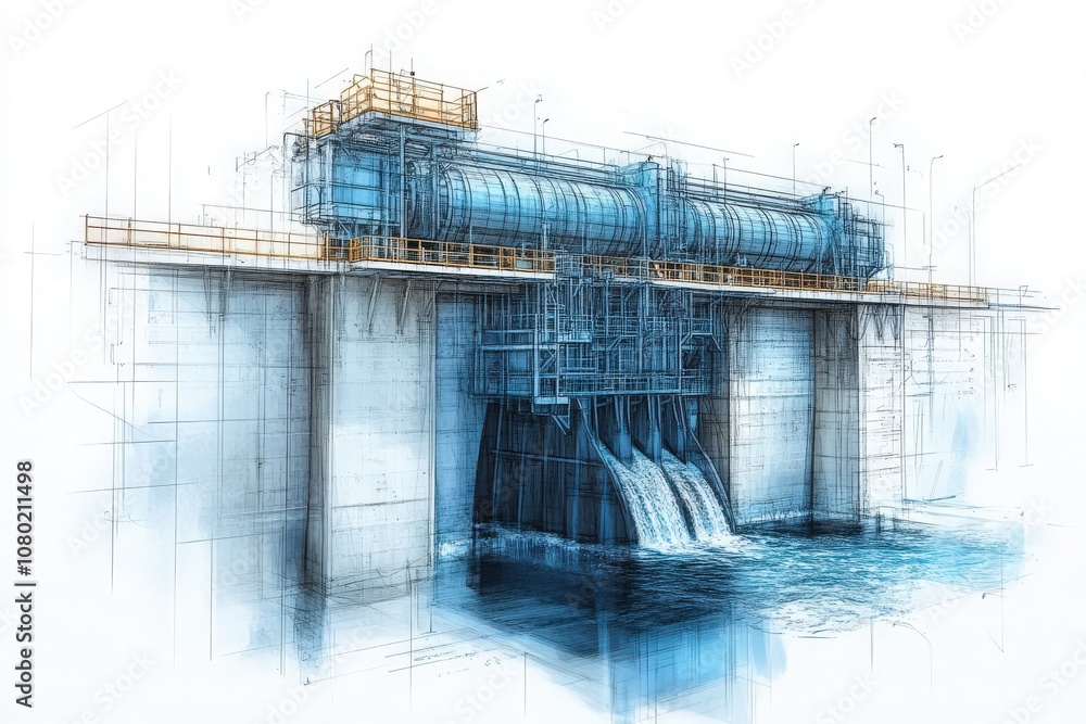 This technical sketch showcases a hydroelectric dam design, highlighting key structural elements and water flow mechanisms.