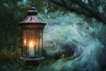 Wall Mural - An antique lantern with a candle inside, in a quiet forest at dawn. 