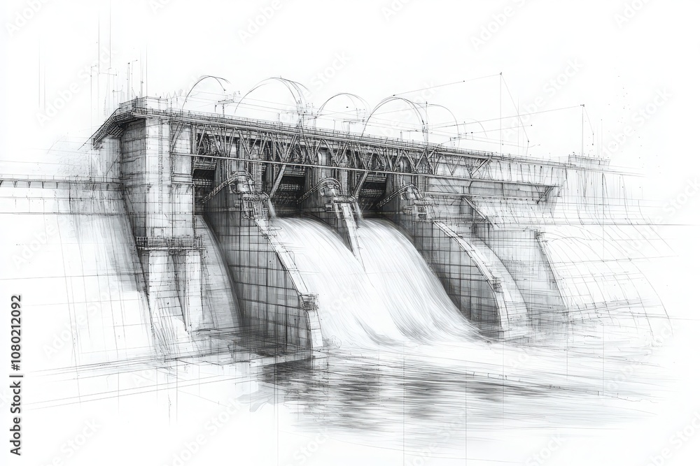 This technical sketch illustrates a hydroelectric dam with intricate designs, depicting water flowing through turbines.