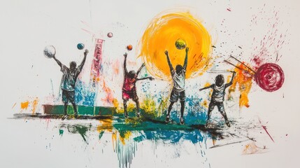 Poster - Vibrant artwork depicting children celebrating with balls under a bright sun.