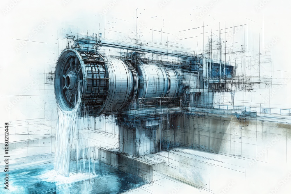 This technical sketch illustrates the design of a hydroelectric dam, showcasing a water turbine and generator. It highlights the engineering details and flow of water through the system.