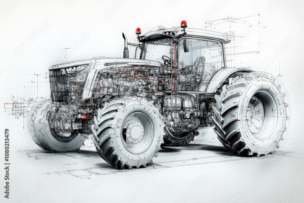 A detailed technical sketch illustrates a modern tractor, highlighting its engineering features, mechanical systems, and innovative design elements in a clear, structured manner.