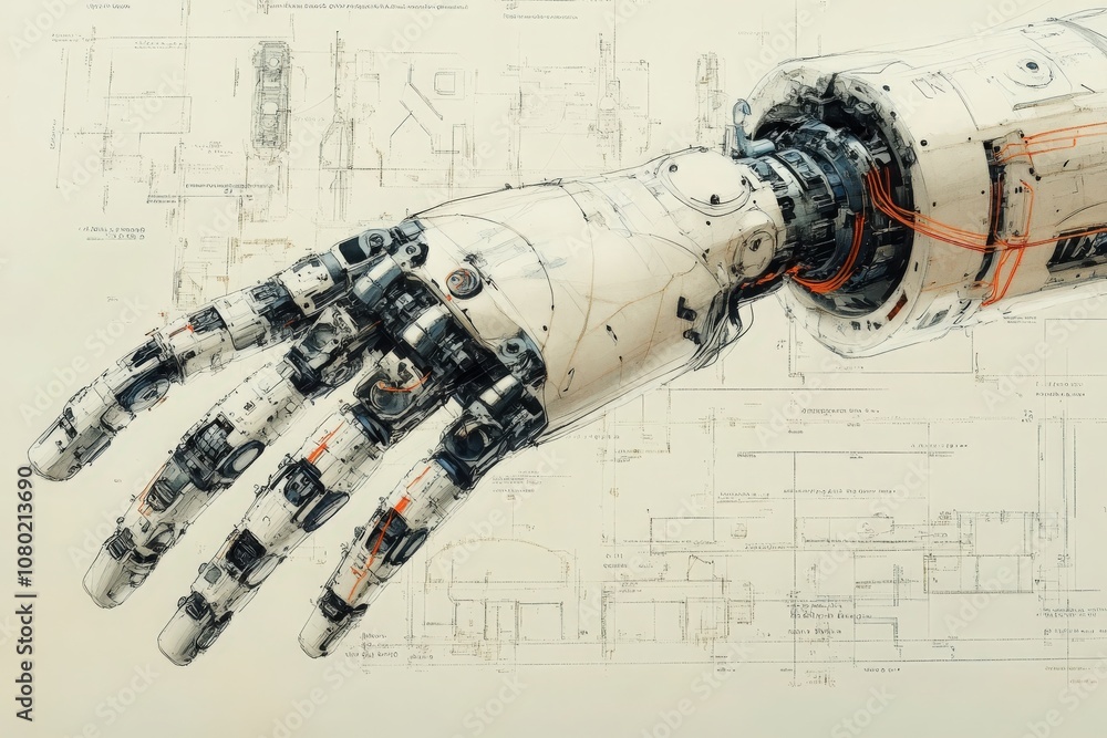 A detailed technical sketch illustrates the design of a robotic arm, showcasing its mechanical components, joints, and wiring. The drawing highlights engineering precision and innovation in robotics.