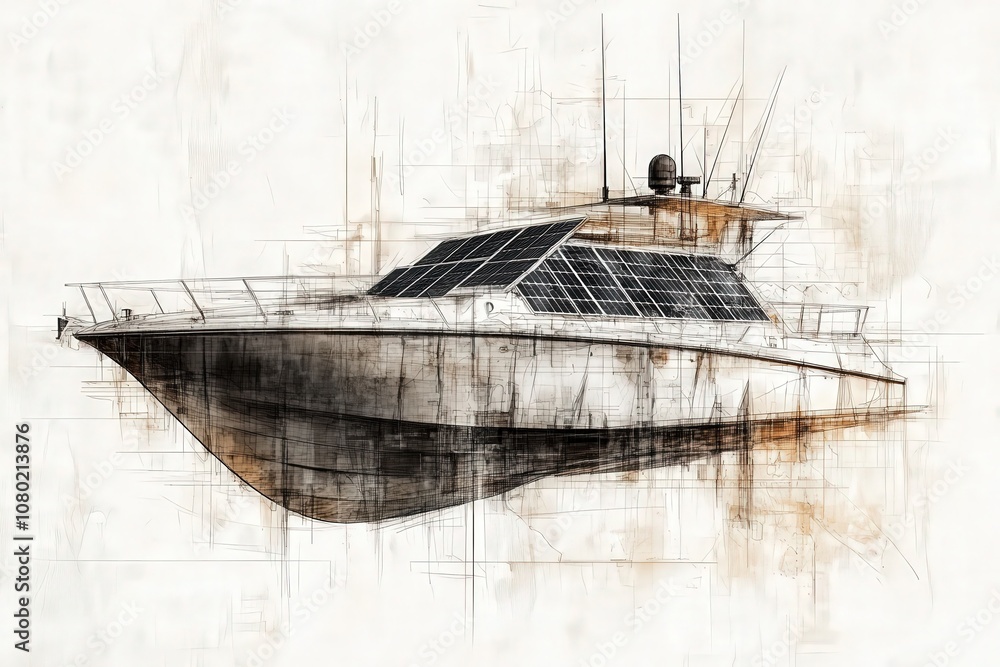 This technical sketch presents a solar-powered boat, showcasing its innovative design and energy efficiency.
