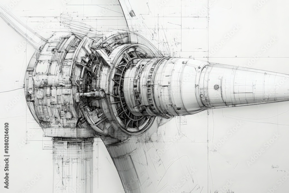 This drawing features a detailed technical sketch of a wind turbine, highlighting the rotor and gearbox components.