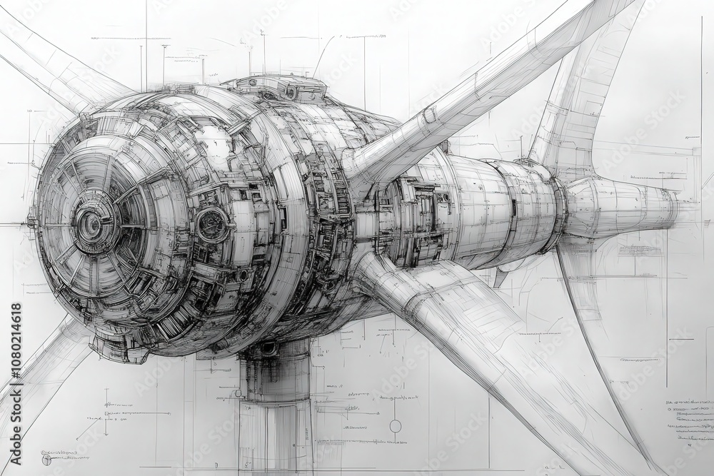This technical sketch illustrates a wind turbine, highlighting intricate design elements and mechanical components.