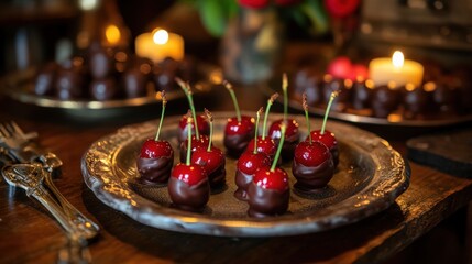 Dark chocolate-dipped cherries arranged on a plate, with the vibrant red of the cherries contrasting against the rich