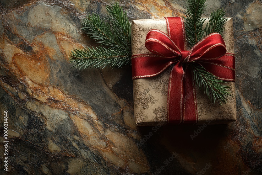 A beautifully wrapped gift featuring an elegant red ribbon and pine sprigs is showcased from above on a textured, earthy surface. The arrangement highlights festive elements perfect for the season.