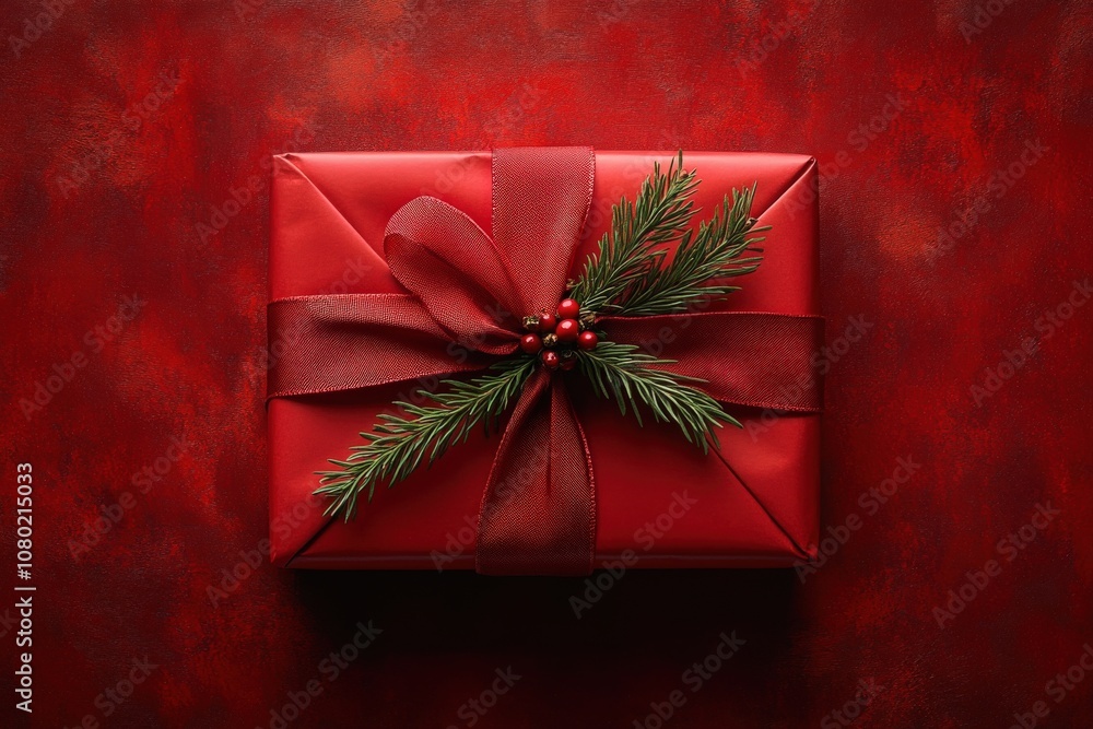 A stunning gift sits on a rich red background, elegantly wrapped in bright paper and decorated with a lush green sprig and berries, capturing the essence of the holiday spirit and celebrations.