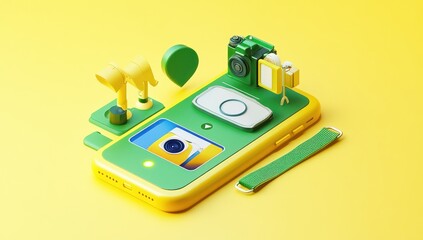Fototapete - A colorful smartphone and accessories arranged on a bright yellow background.