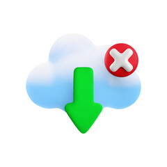 Vector cartoon 3d cloud computing error icon. Realistic render of cloud, download arrow, red cross x sign. Digital cloud technology online service failed download sign, server disconnection concept