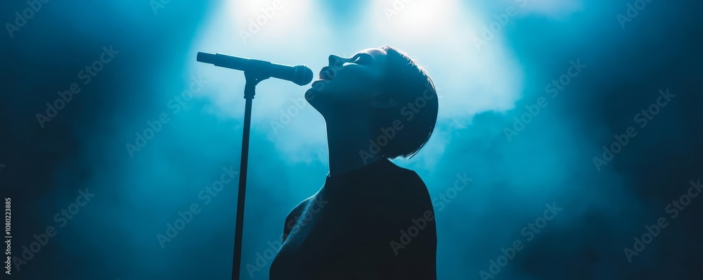 Portrait of a singer on stage with a single spotlight, intense ...