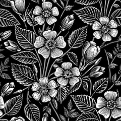 A detailed botanical pattern featuring intricate floral designs on a black background, showcasing various flowers and leaves in a harmonious arrangement