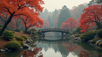 Fototapete - A bridge spans a river in a forested area with autumn foliage