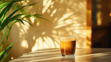 Corretto coffee in a chic cafe with lush fronds, trendy concrete walls, fair trade, eco-friendly, vibrant, organic setting