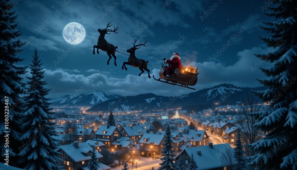 Santa Claus flying in the night sky with his sleigh and reindeer, Snowy ...