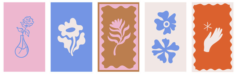 Fototapete - Vector simple minimal illustrations, simple wavy and groovy. hand drawn naive style, flowers and plants, floral botanic design templates, frames and modern wall art prints, posters