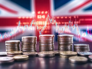 United Kingdom economy and finance . with coins and digital trading platform, economic growth, stock market chart, investment trends global challenges and opportunities.	
