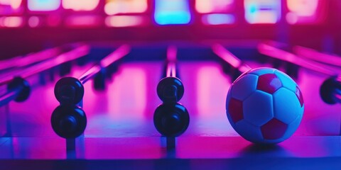 Poster - A close-up of a foosball table with a soccer ball, illuminated by vibrant neon lights.