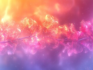 Wall Mural - ethereal branch with glowing pink and orange leaves in a dreamy, magical background generative ai