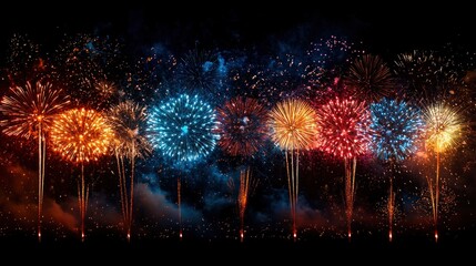Wall Mural - Starry cosmic fireworks display with bright pink and blue sparks against a dark night sky Generative AI