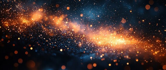 Wall Mural - golden cosmic dust and sparkles floating through a dark blue and black space background generative a
