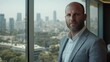 © Babycrab - A man in a suit stands by a large window overlooking a cityscape.