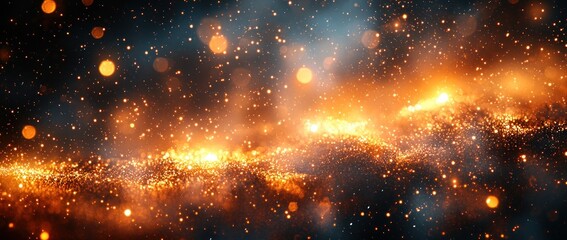 Wall Mural - golden cosmic dust and sparkles floating through a dark blue and black space background generative a
