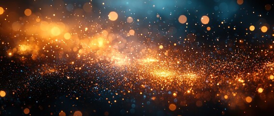 Wall Mural - golden cosmic dust and sparkles floating through a dark blue and black space background generative a