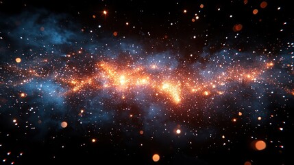 Wall Mural - Abstract cosmic scene with glowing orange and blue nebulae, stars, and sparkling particles in deep space Generative AI