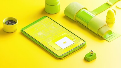 Aufkleber - A vibrant yellow setup featuring a smartphone and accessories, emphasizing technology and design.