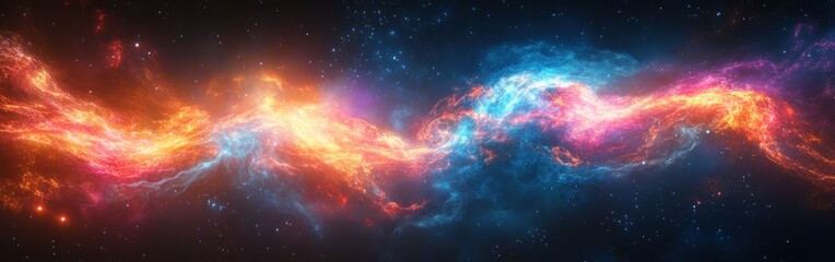 abstract cosmic background with nebula in vibrant red, blue, and orange hues against a dark, starry 