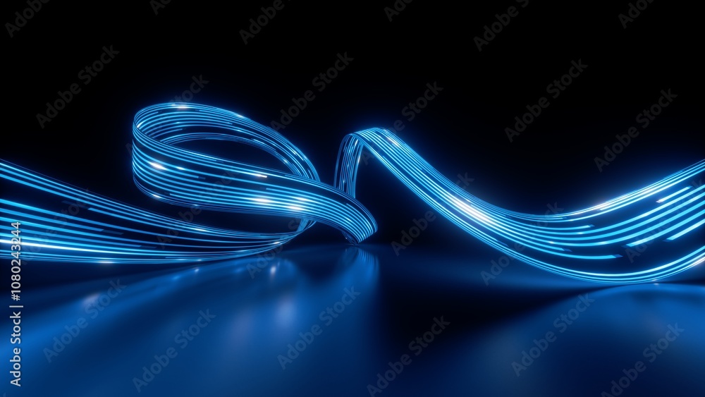 3d render, abstract background. Curvy neon ribbon with glowing lights ...