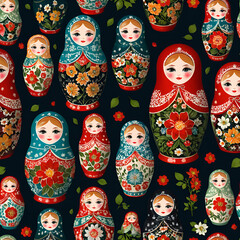 Vibrant pattern of traditional Russian matryoshka dolls decorated with floral designs on a dark background
