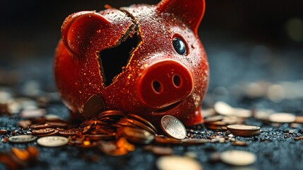 Fototapete - Broken piggy bank with scattered coins around it on a plain surface depicting the loss of savings and financial hardship Bankruptcy concept with side empty space for text Stockphoto style