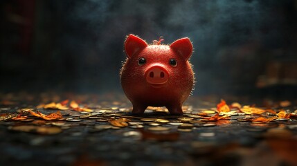 Fototapete - Broken piggy bank with scattered coins around it on a plain surface depicting the loss of savings and financial hardship Bankruptcy concept with side empty space for text Stockphoto style