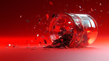 Fototapete - Shattered coin jar with coins spilling out depicting the breakdown of financial security Bankruptcy concept with side empty space for text Stockphoto style