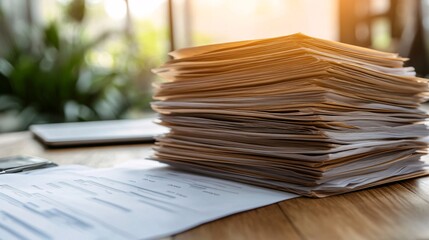 Fototapete - Stack of financial reports with declined revenue charts spread out on a desk representing financial downturn Bankruptcy concept with side empty space for text Stockphoto style