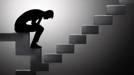 Fototapete - Individual sitting in despair on a staircase with head down symbolizing the emotional toll of financial collapse Bankruptcy concept with side empty space for text Stockphoto style