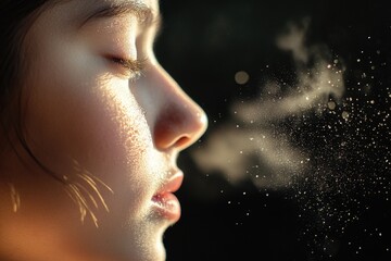 Wall Mural - Young girl playfully blowing water on her face, a refreshing summer moment