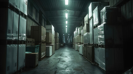 Aufkleber - Dark small warehouse, lots of boxes, long hallway.