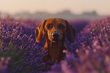 Wall Mural - A brown dog sits amidst a vibrant field of purple flowers