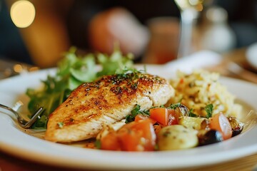 Poster - A plate of food served with a fork and a glass of wine