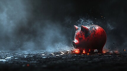 Fototapete - A broken piggy bank with coins and dust surrounding it representing depleted finances and hardship Bankruptcy concept with side empty space for text Stockphoto style