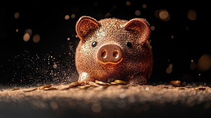 Fototapete - A broken piggy bank with coins and dust surrounding it representing depleted finances and hardship Bankruptcy concept with side empty space for text Stockphoto style