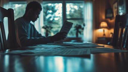 Fototapete - Man sitting at an empty dining table with unpaid bills and a foreclosure notice symbolizing severe financial crisis Bankruptcy concept with side empty space for text Stockphoto style