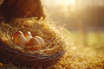 A nest with eggs sitting on top of a pile of hay